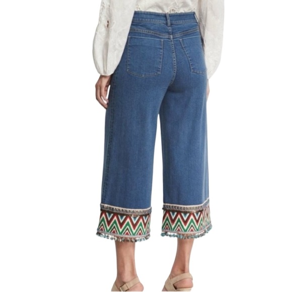 Alice + Olivia Beta Crop Wide Leg Blue Jean Embroidery Sequins Tassels Size 28 - Picture 2 of 15